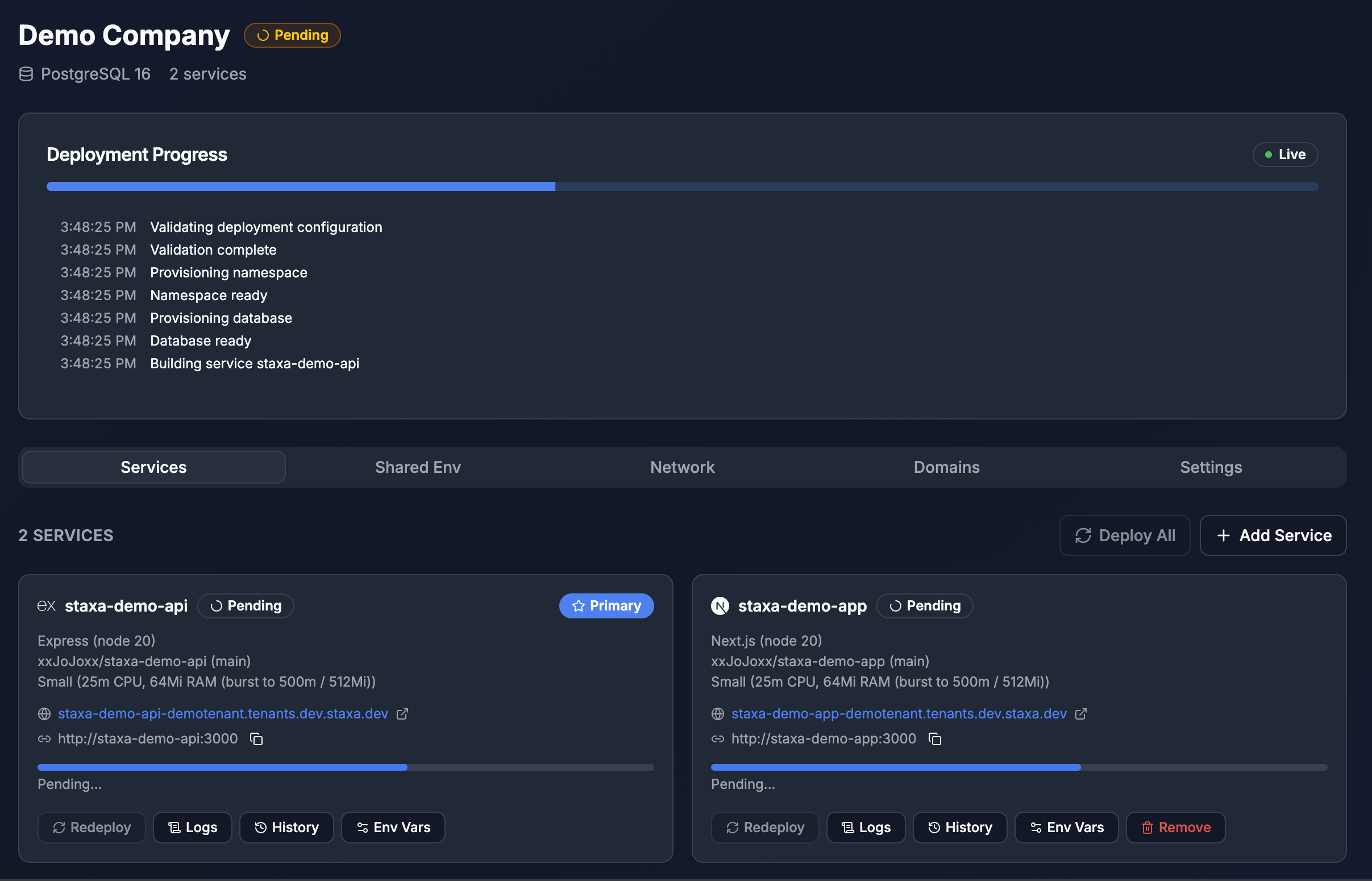 Staxa dashboard showing tenant deployments and activity feed
