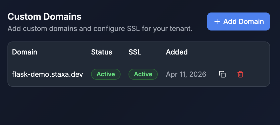 Domain management showing SSL certificates and custom domains