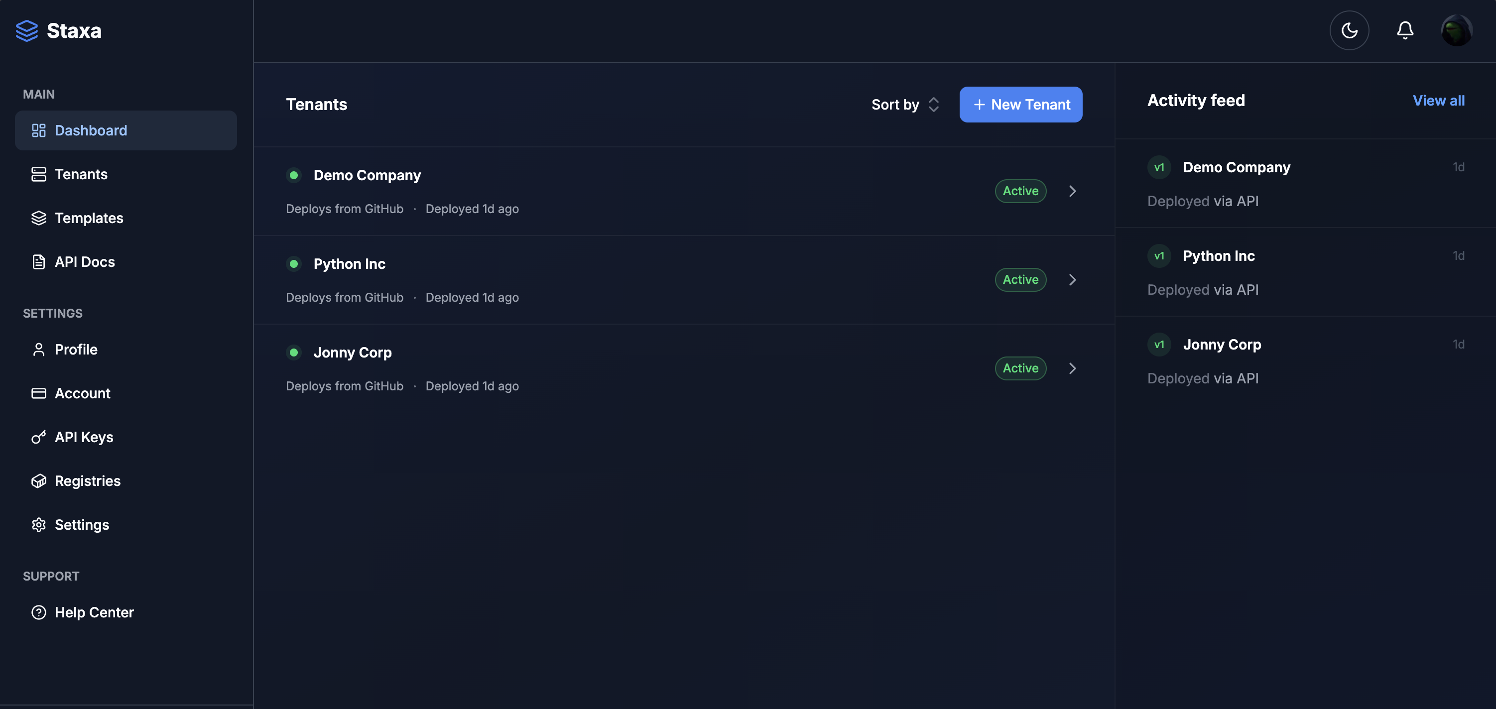 Staxa dashboard showing tenant deployment and management