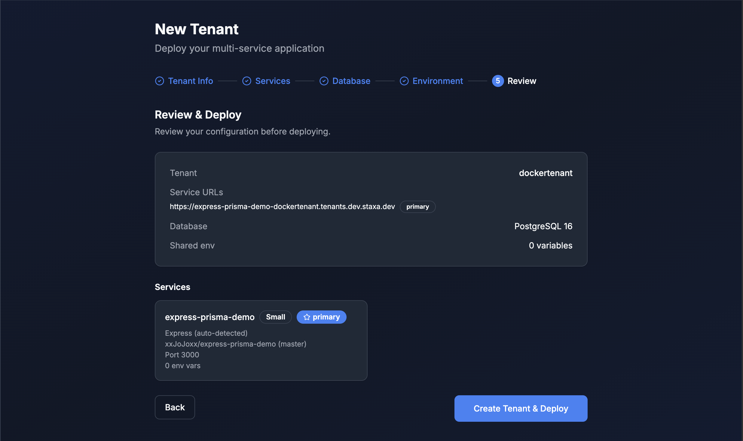 Staxa deployment wizard showing source, configure, resources, and deploy steps